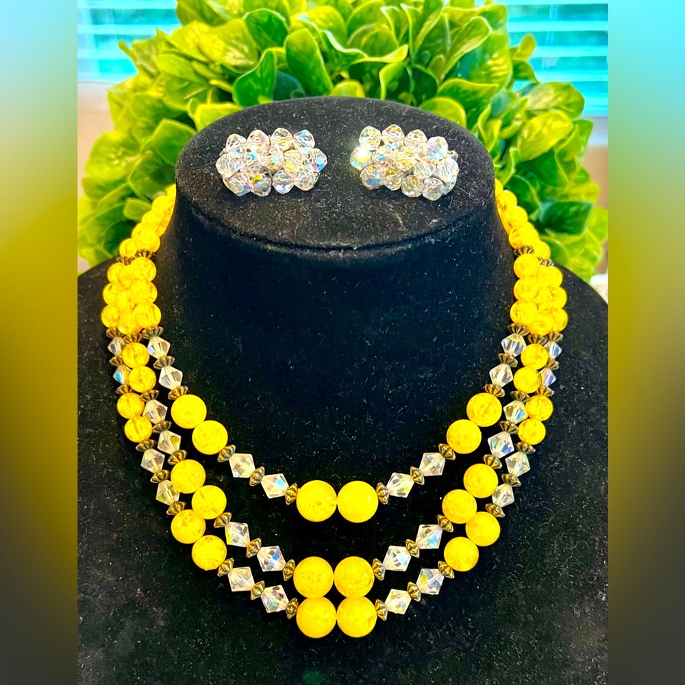 VINTAGE YELLOW AND AB NECKLACE AND CLIP ON EAR CLIMBERS-CRAZY CRYSTAL SET!